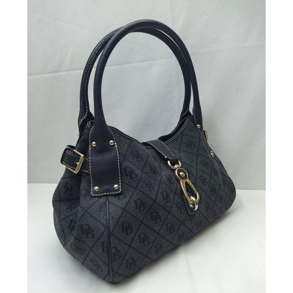 Dooney & Bourke Gray Canvas Leather Trim DB Printed Hook Satchel Shoulder Bag - Picture 3 of 16